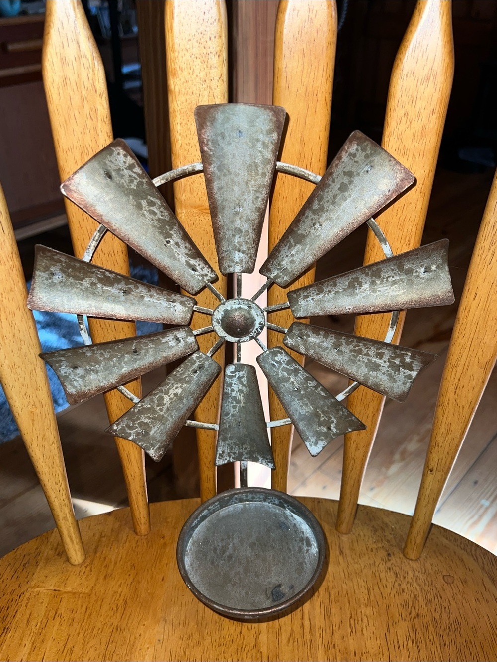 Rustic Metal Windmill Tea Light Holder - Weathered Green Patina Farmhouse